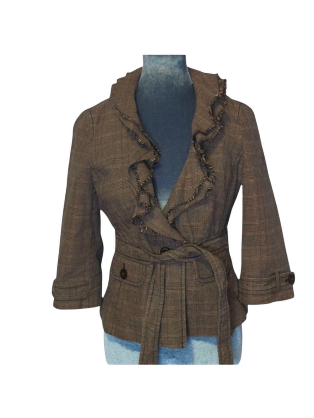 Loft Brown Plaid Ruffled Blazer Jacket Size 6P Petite